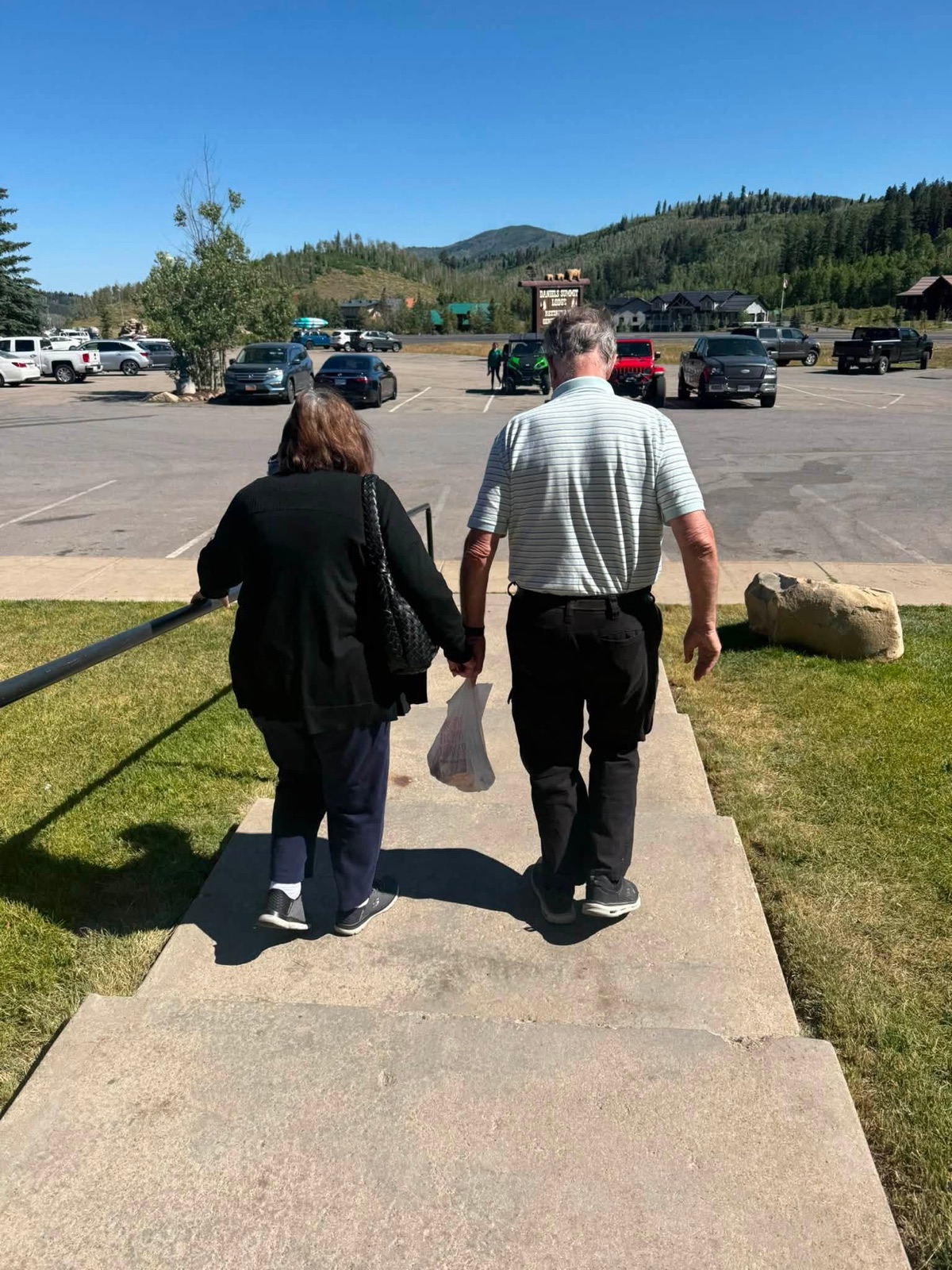Seen from behind, Sam and Susan hold hands while walking down stone steps together, forested mountains in the distance.
